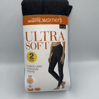 2pk Warners Blissful Bene Fleece Lined Black/Gray Footless Tights Size 2X/3X E11